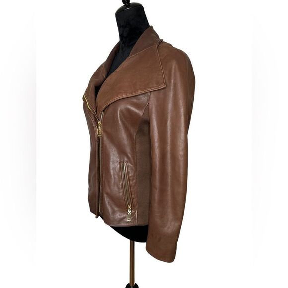 Tahari Lamb Leather Brown Moto Jacket sz M - Picture 2 of 15